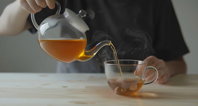 Person pouring hot tea from glass teapot into transparent teacup on wooden table with steam rising.