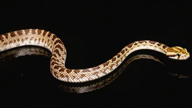 A close-up view of a patterned snake slithering on a reflective surface in a dark setting