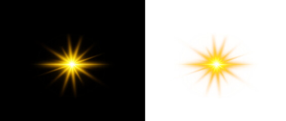 Transparent collage template of sunlight flare light effect. Glowing yellow light star.