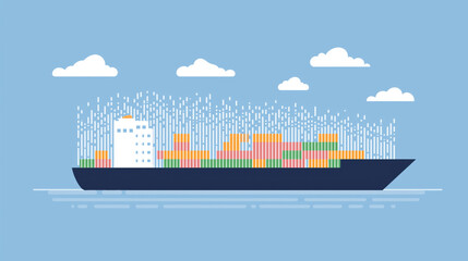 Fototapeta premium Freight Cost - Modern illustration of a large container ship featuring a barcode pattern, highlighting themes of import/export logistics and supply chain tracking.