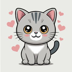 cute gray kitten vector with pink hearts and big eyes - adorable cartoon cat illustration for children's designs