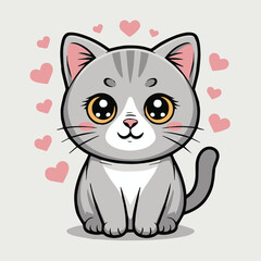 charming gray kitten vector illustration with hearts - kawaii pet cat design for stickers and stationery projects
