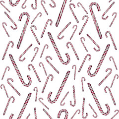 Watercolor illustration classic red and white candy cane with diagonal stripes, caramel seamless pattern in realistic. for Christmas packaging holiday cards festive decor and seasonal branding.