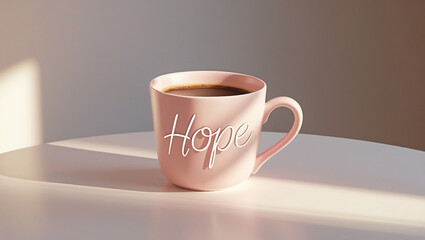 A pink mug with the word hope filled with coffee sits on a white table, illuminated by soft light and casting gentle shadows, symbolizing a hopeful start to the day