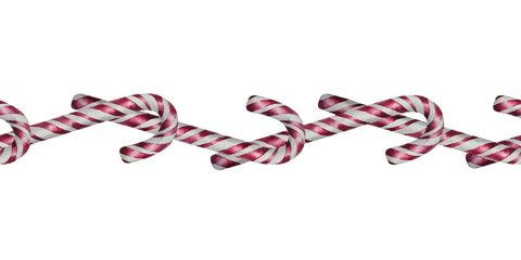 Watercolor illustration classic red and white candy cane with diagonal stripes, caramel seamless border in realistic style. for Christmas packaging holiday cards festive decor and seasonal branding.
