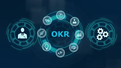 OKR Objectives key results. Business, Technology, Internet and network concept ,Abstract technology symbols on a blue background. - Powered by Adobe