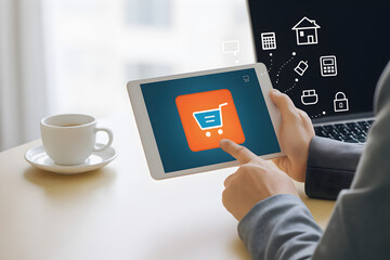 A person uses a tablet to shop online, with a cup of coffee and laptop nearby in a modern workspace setting.  Ecommerce concept.  
