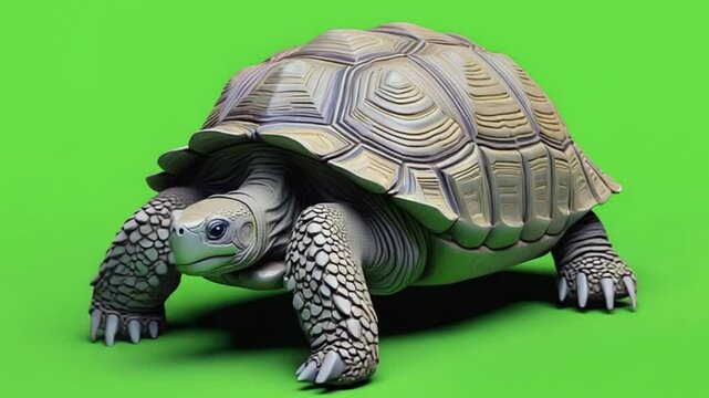 Realistic tortoise on a vibrant green background, showcasing its textured shell and limbs