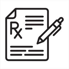 Prescription Document Icon with Pen &ndash; Medical Rx Line Art Illustration