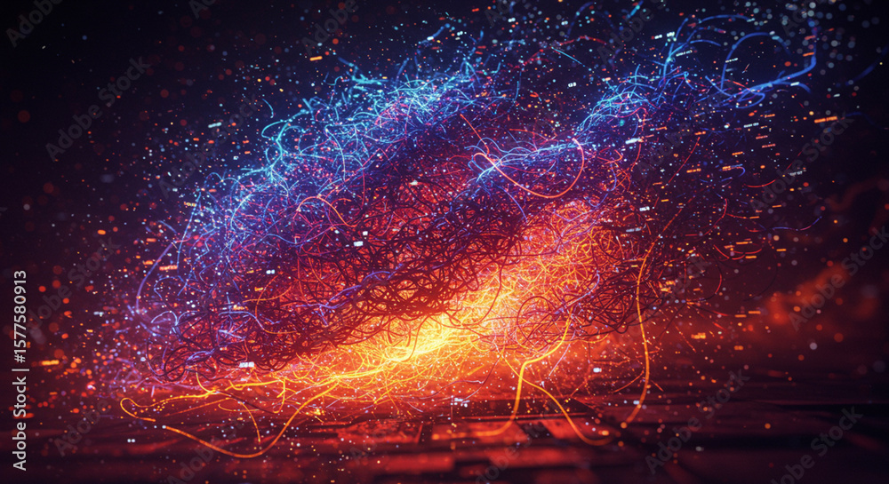 Fototapete Abstract rendering of swirling, interconnected particles with a color gradient from blue to orange, creating a dynamic and energetic visual effect.