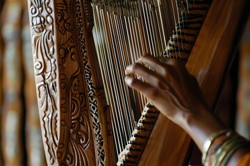 Close-up of intricate fingerwork on a cultural harp-like instrument 