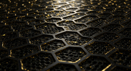 Dark Metallic Mesh Texture with Gold Accents vector. Modern Abstract Background with Gold Accents. A sophisticated abstract background design featuring a dark black backdrop with a subtle textured.
