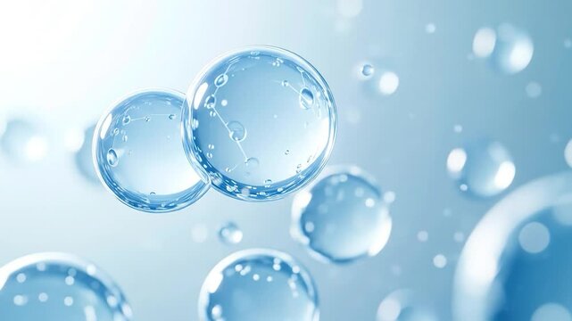 Transparent spheres with molecular structures on a soft blue background