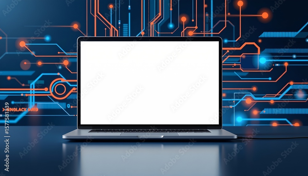 Fototapete abstract technological background with a laptop on the left side, subject positioned on the right si