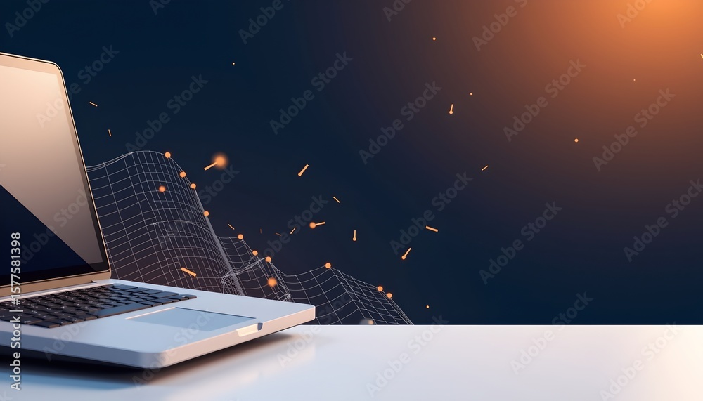 Fototapete abstract technological background with a laptop on the left side, subject positioned on the right si