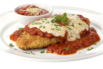 Plate of chicken parmesan with marinara PNG Image