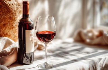 Bottle and glass of red wine on the table in the sunlight