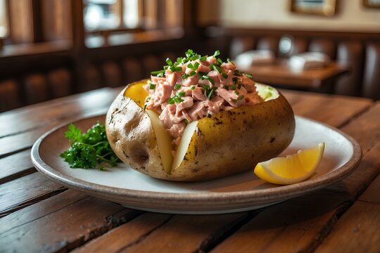 Jacket Potato with Tuna - United Kingdom Food: Dive into the classic British comfort of Jacket Potato with Tuna, a simple yet flavorful dish that perfectly combines hearty baked potatoes