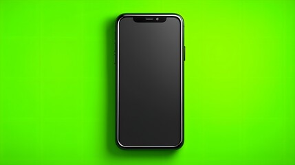 Naklejka premium Black mockup phone on green background with copy space. Concept of technology presentation and product display. 
