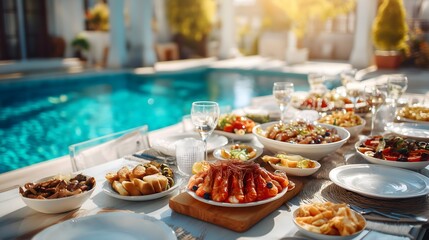 Outdoor meal table with food dishes served for lunch, brunch, or dinner at patio. Concept of gathering and home cooking.