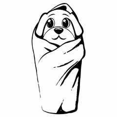 Cute dog wrapped in towel looking up with big eyes  