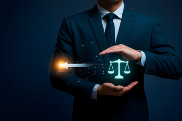 A man in a suit holds a glowing scale of justice, symbolizing law, fairness, and legal direction in business and society.