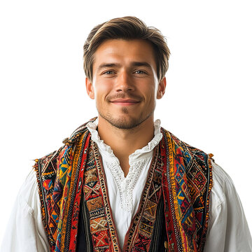 Extremely long shot front view mid-body shot of an extremely handsome Lithuanian man in a tautiniai rūbai smiling, isolated on a white transparent background
