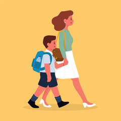 Mother and Son Walking Together – Flat Vector Illustration of a Working Woman and School Boy in Morning Routine