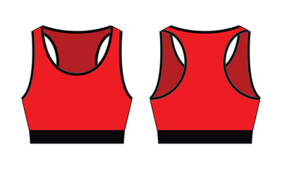 Blank Red-Black Boxing Bra for Women Design on White Background. Front and Back Views, Vector File.