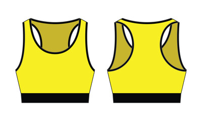 Blank Yellow-Black Boxing Bra for Women Design on White Background. Front and Back Views, Vector File.