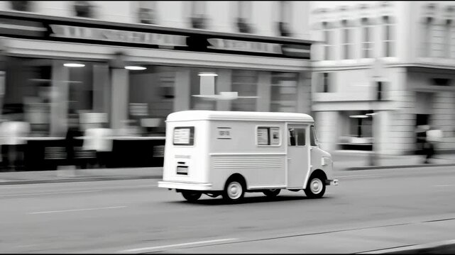 Urban Delivery Vehicle in Motion: This monochrome photograph captures a vintage delivery van in mid-transit, navigating a city street, hinting at a narrative of movement and commerce.