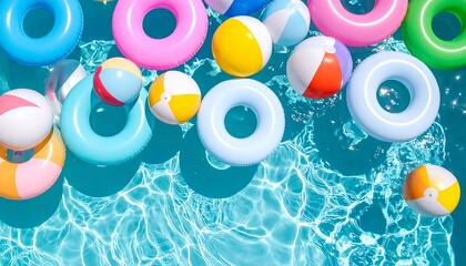 Colorful inflatable toys floating in a swimming pool