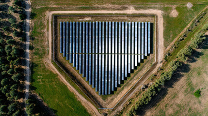 Aerial view of triangular solar panel installation surrounded by green fields and trees, showcasing renewable energy
