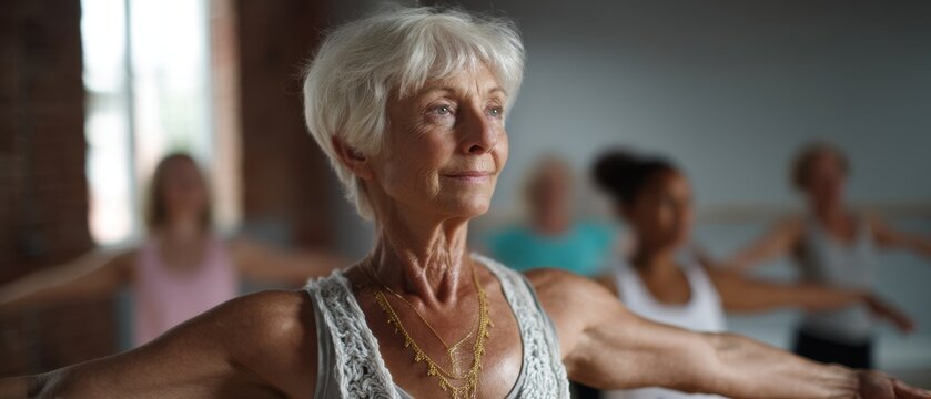 Mature caucasian female in yoga class with diverse participants practicing balance and focus