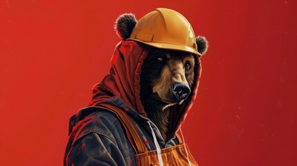 grizzly bear in a construction hat and hoodie, red background, bored ape nft illustration style