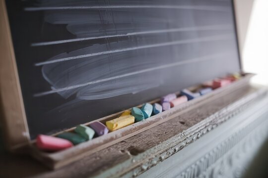 Vintage chalkboard with colorful chalks, nostalgic reminder of scholastic days