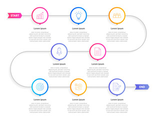 Modern Vertical progress 8 circle elements, symbolizing the eight stages of business strategy and progression. Clean timeline infographic design template. Vector for presentation