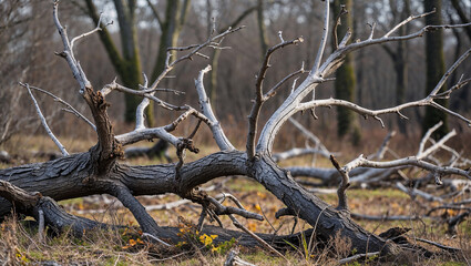 Fallen tree with bare branches lying on the ground in a forest