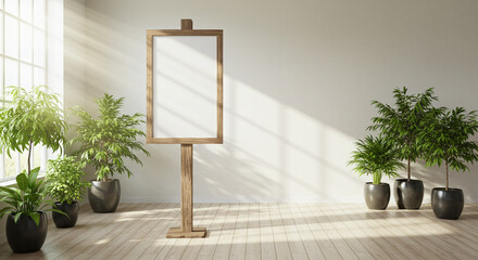Blank big white Wooden Signpost on a room with rays and plants. Blank Wooden Sign in a Sunny Room with Lush Plants. a rustic wooden sign, perfect for custom messages or branding.