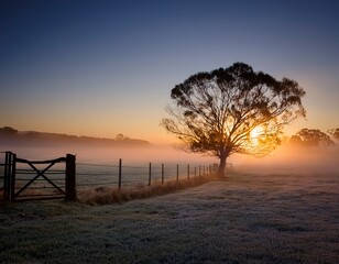 foggy sunrise at australian farm with bare tree and fence