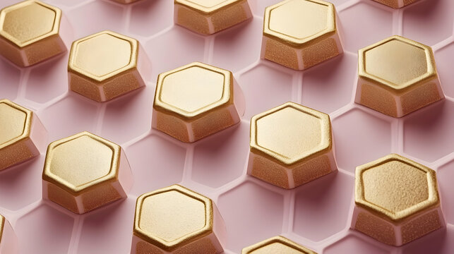 Multiple gold hexagonal chocolates arranged on a pink honeycomb-patterned surface.