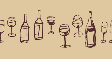 Horizontal seamless pattern with wine glasses and bottles, line art drawings, sketched art
