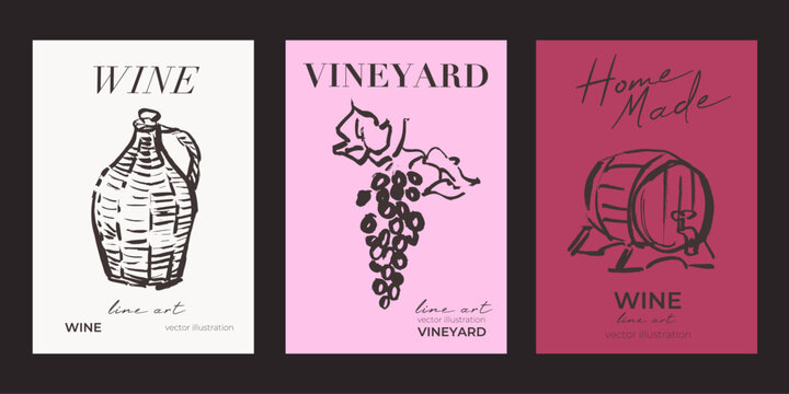 Line art poster templates, wine making illustrations, hand drawn design elements