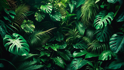 Lush green tropical leaves creating vibrant natural background