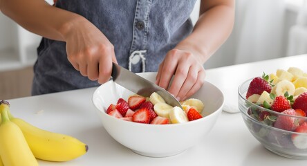Woman slicing fresh strawberries and bananas into a white bowl for a fruit salad in a bright kitchen with natural light. Healthy eating concept.