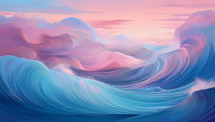 smooth abstract ocean water waves under pink blue pastel sky