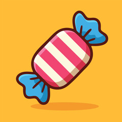 Striped candy wrapped in blue paper, illustrated in a cheerful cartoon style. Ideal for candy packaging, children&rsquo;s designs, or sweet shop branding.
