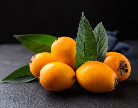 loquat fruit or japanese medlars nispero eriobotrya japonica with leaves fresh ripe bio vegetarian food medlar berries close up on black background table vertical image