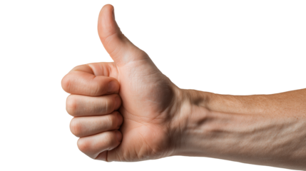 A person's right hand making a thumbs up gesture, popular in the context of expressing feelings of victory, satisfaction, and liking, on a transparent background