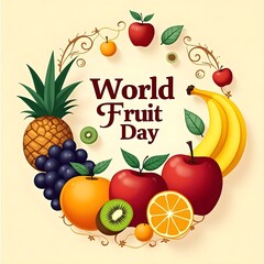 A colorful fruit circle with a World Fruit Day sign. The circle is filled with various fruits such as apples, oranges, bananas, and kiwis. 